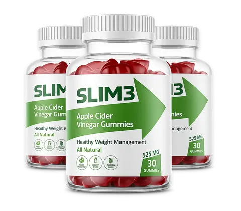 Professional mockup of three SLIM3 525mg supplement bottles